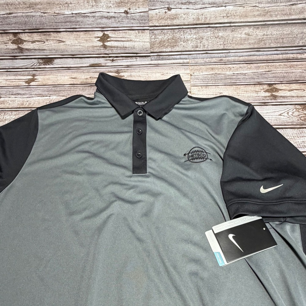 Nike Golf Dri-Fit Mens Polo Shirt Short Sleeve Gray‎ Black Logo Size Large